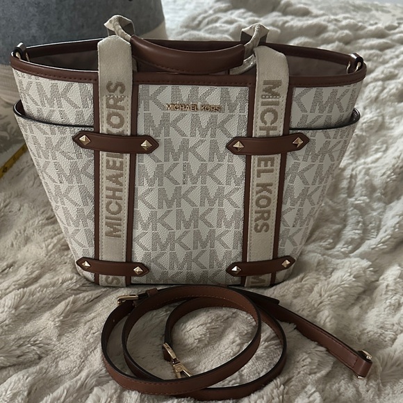 Michael Kors Handbags - MICHAEL KORS Cream & Brown Logo Canvas Tote with Removable Strap